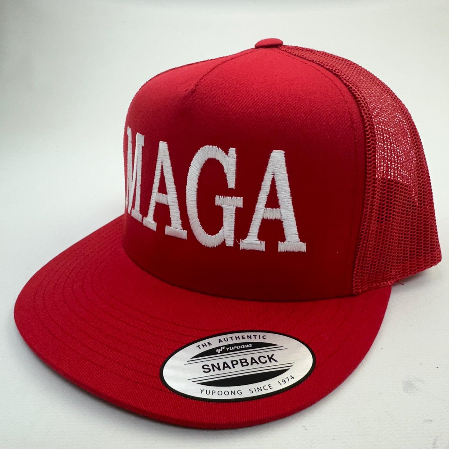 Donald J. Trump 2024 MAGA Embroidered Flat Bill Mesh Snapback Cap Hat Red Yupoong