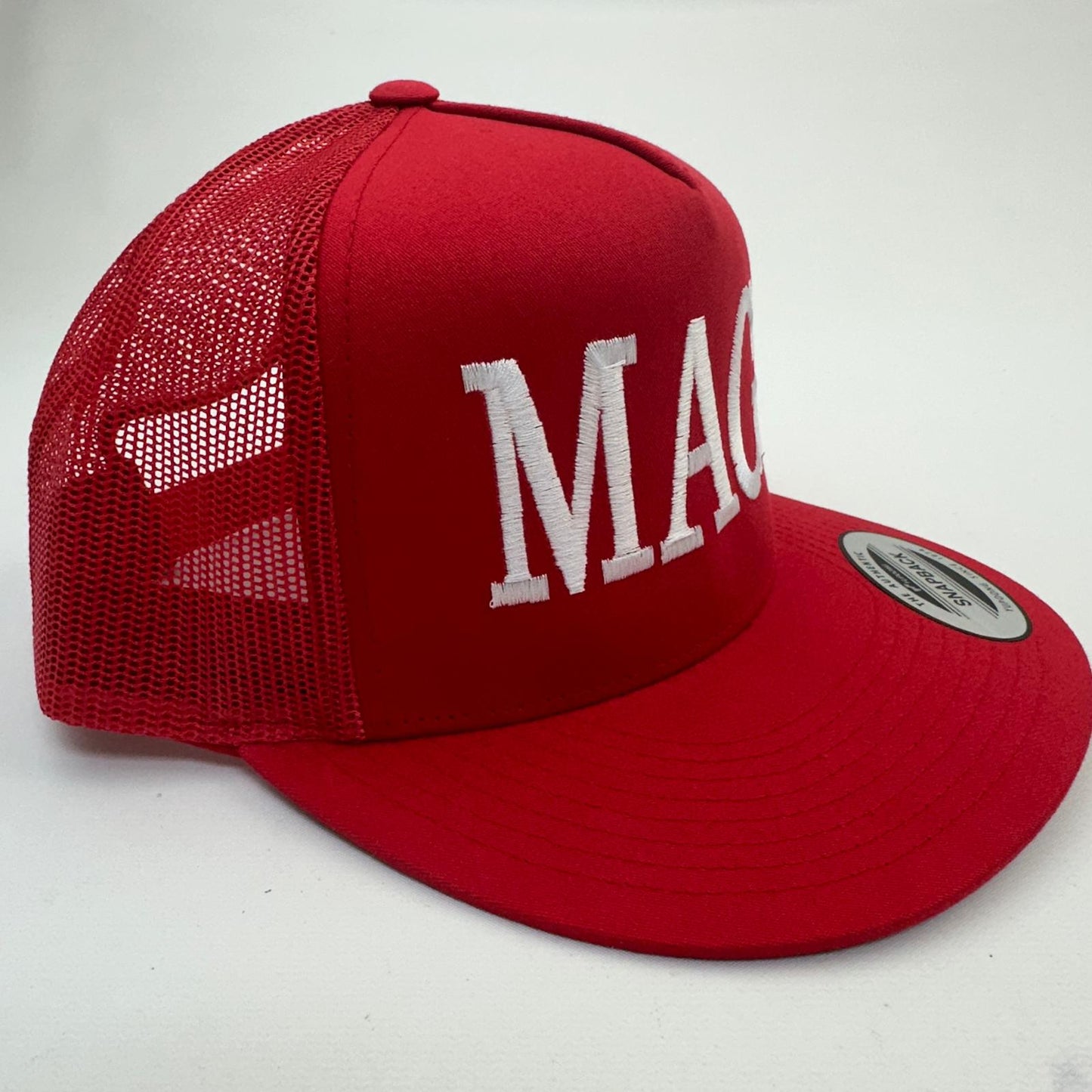 Donald J. Trump 2024 MAGA Embroidered Flat Bill Mesh Snapback Cap Hat Red Yupoong