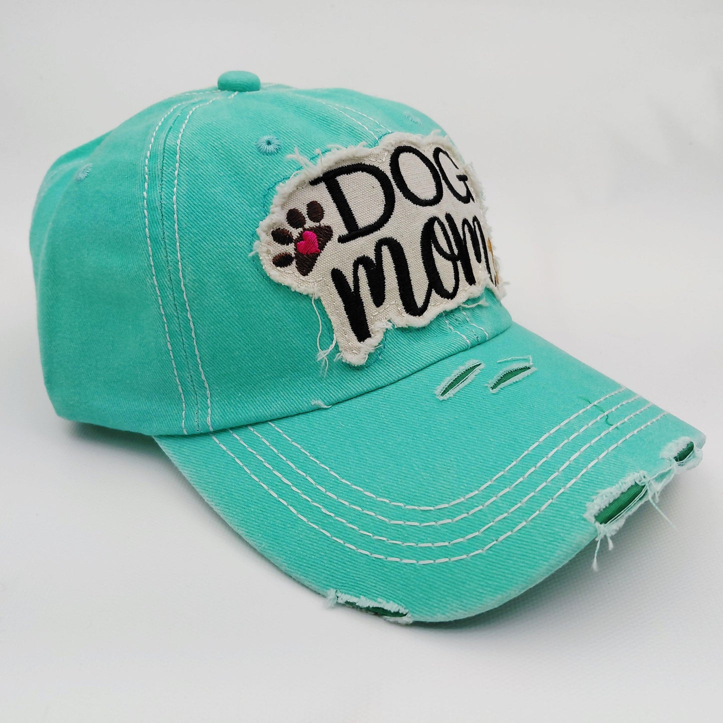 Dog Mom Distressed Adjustable Embroidered Hat Ragged Patch Cap