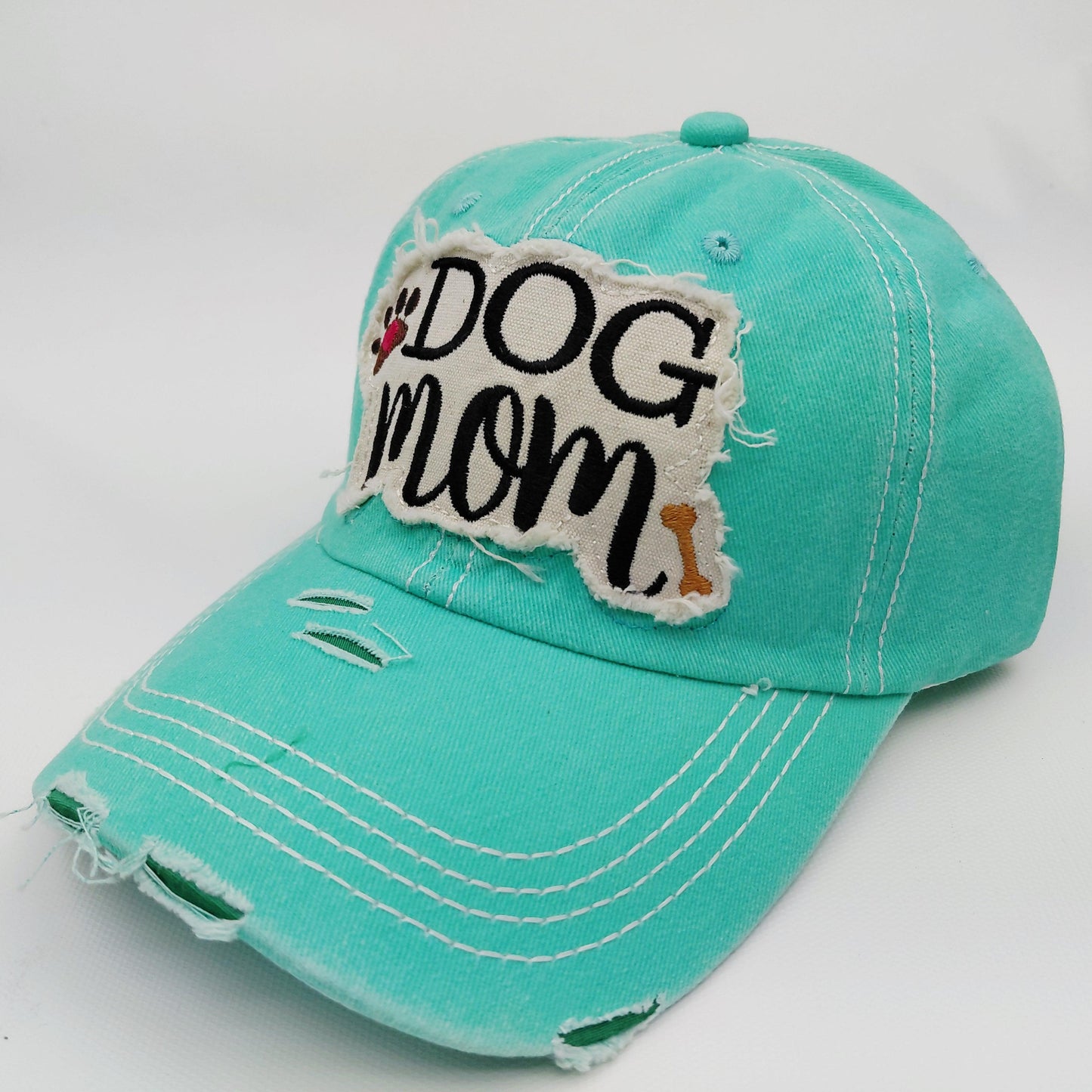 Dog Mom Distressed Adjustable Embroidered Hat Ragged Patch Cap