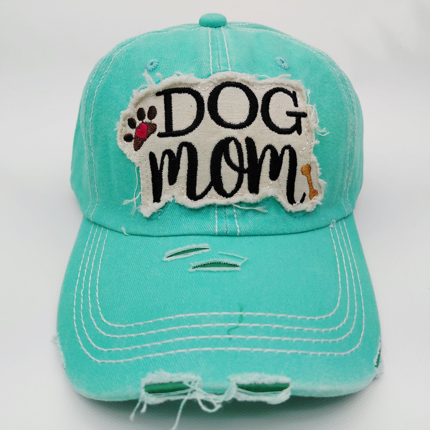 Dog Mom Distressed Adjustable Embroidered Hat Ragged Patch Cap