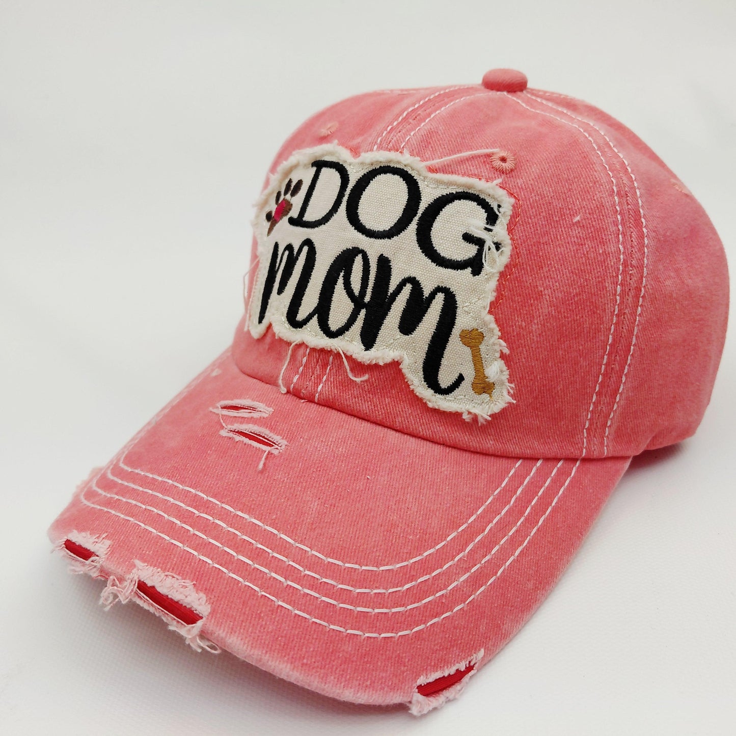 Dog Mom Distressed Adjustable Embroidered Hat Ragged Patch Cap