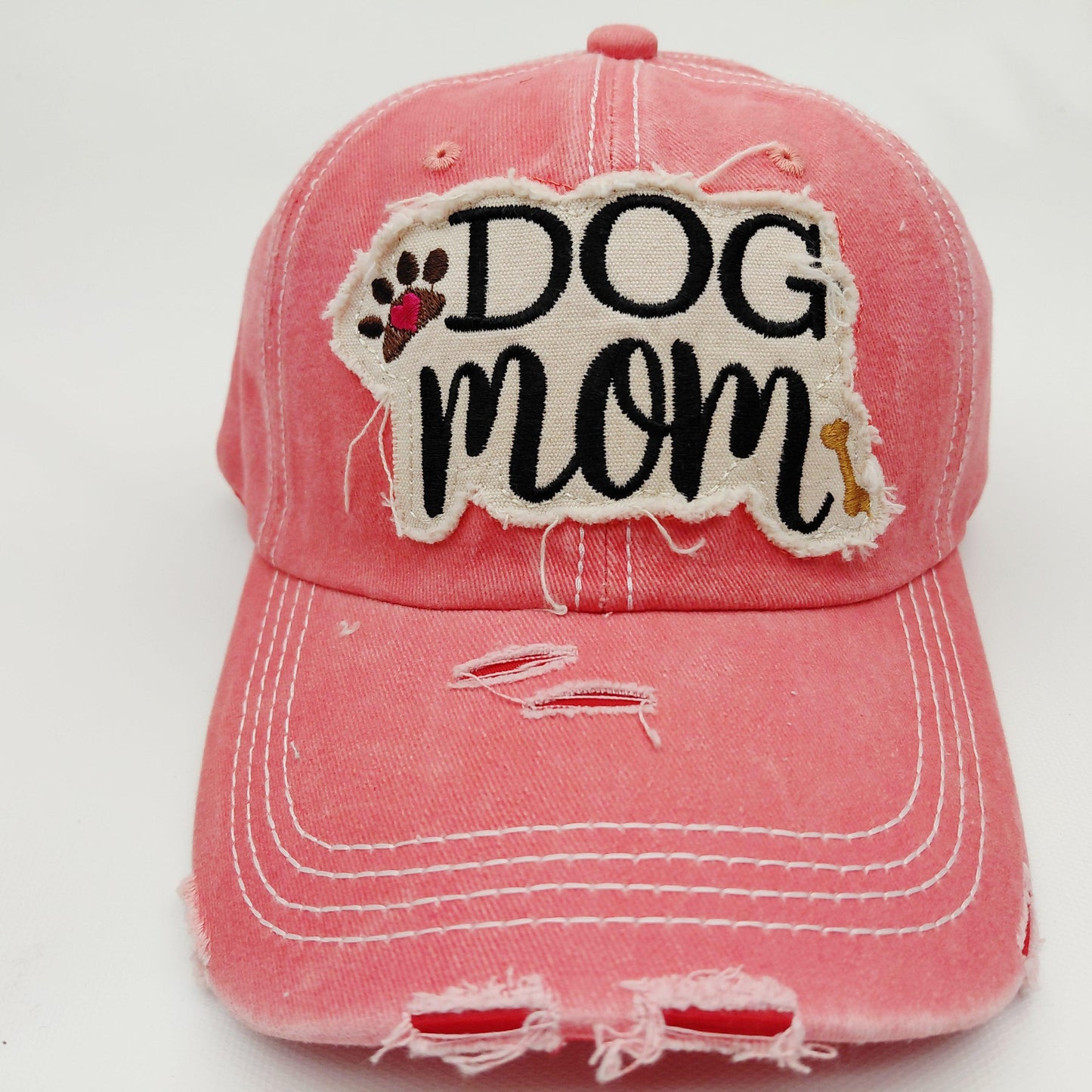 Dog Mom Distressed Adjustable Embroidered Hat Ragged Patch Cap