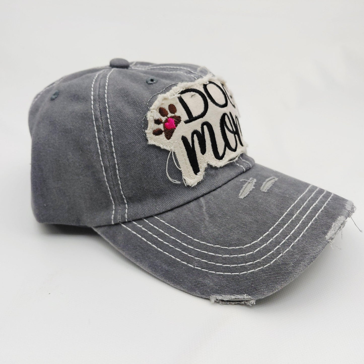 Dog Mom Distressed Adjustable Embroidered Hat Ragged Patch Cap