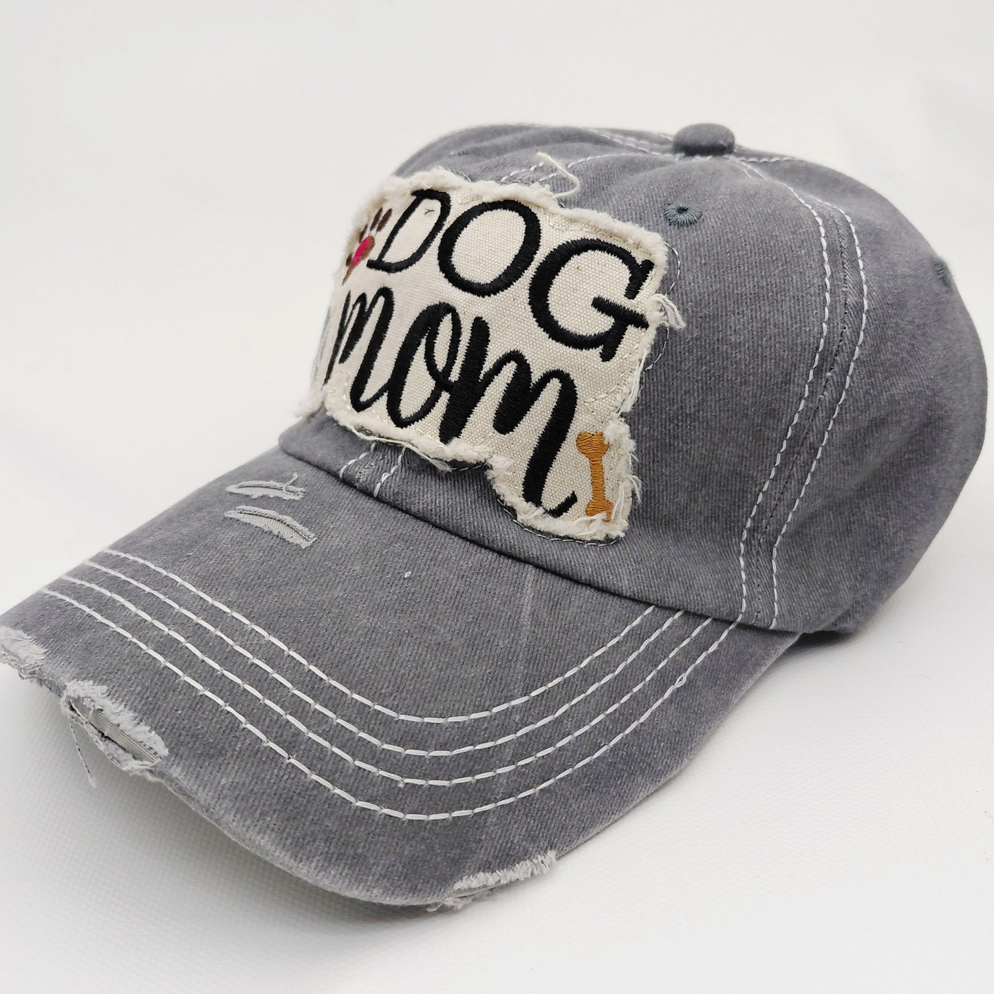 Dog Mom Distressed Adjustable Embroidered Hat Ragged Patch Cap