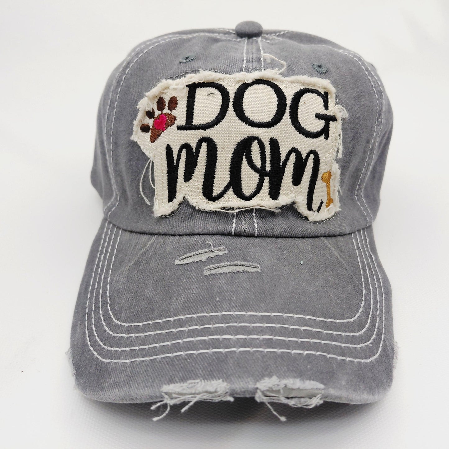 Dog Mom Distressed Adjustable Embroidered Hat Ragged Patch Cap