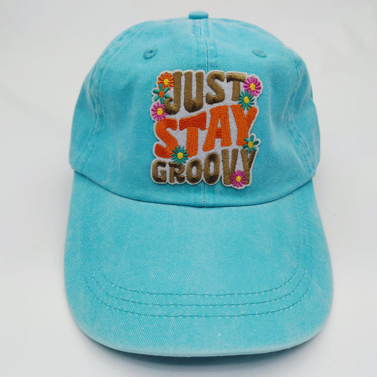 Just Stay Groovy Women's Hat Cap Relaxed Cotton Blue Embroidered Patch