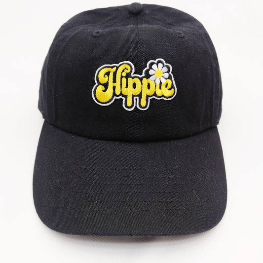 Hippie Women's Hat Cap Relaxed Cotton Black Embroidered Patch