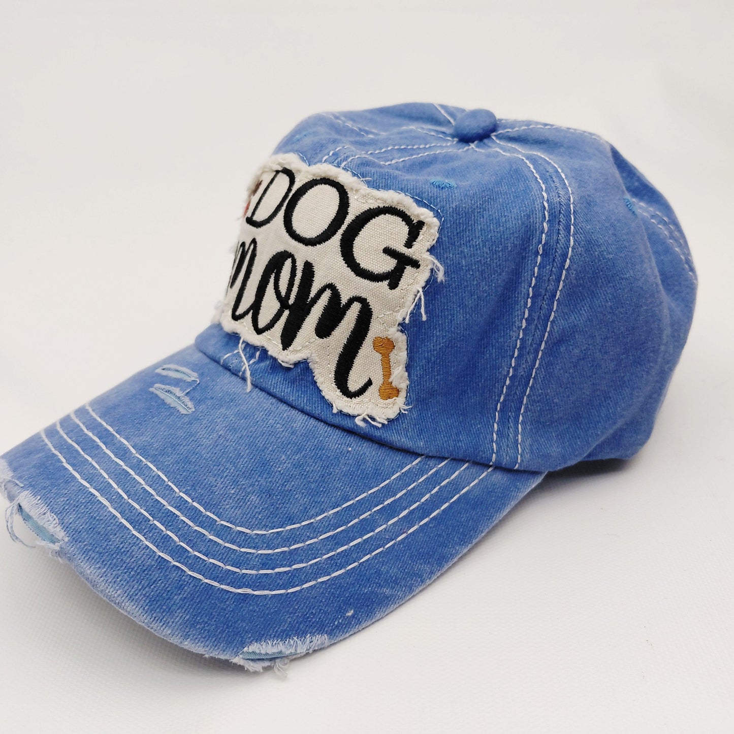 Dog Mom Distressed Adjustable Embroidered Hat Ragged Patch Cap