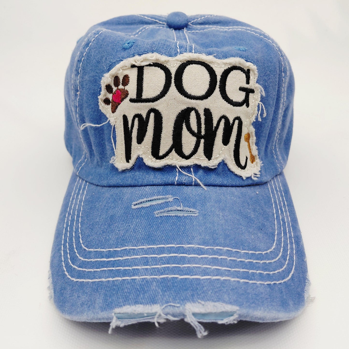 Dog Mom Distressed Adjustable Embroidered Hat Ragged Patch Cap