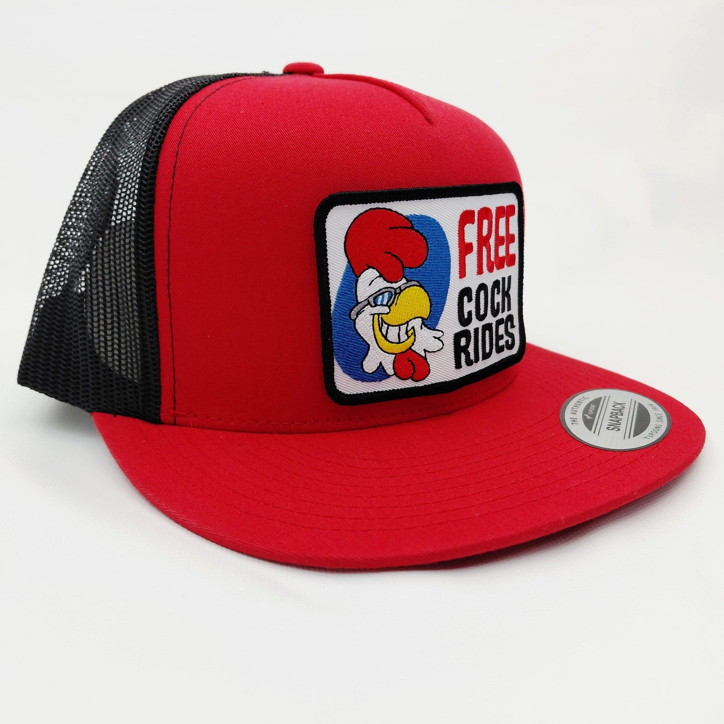 Free Chicken Rides Red Snapback Hat with Cartoon Patch