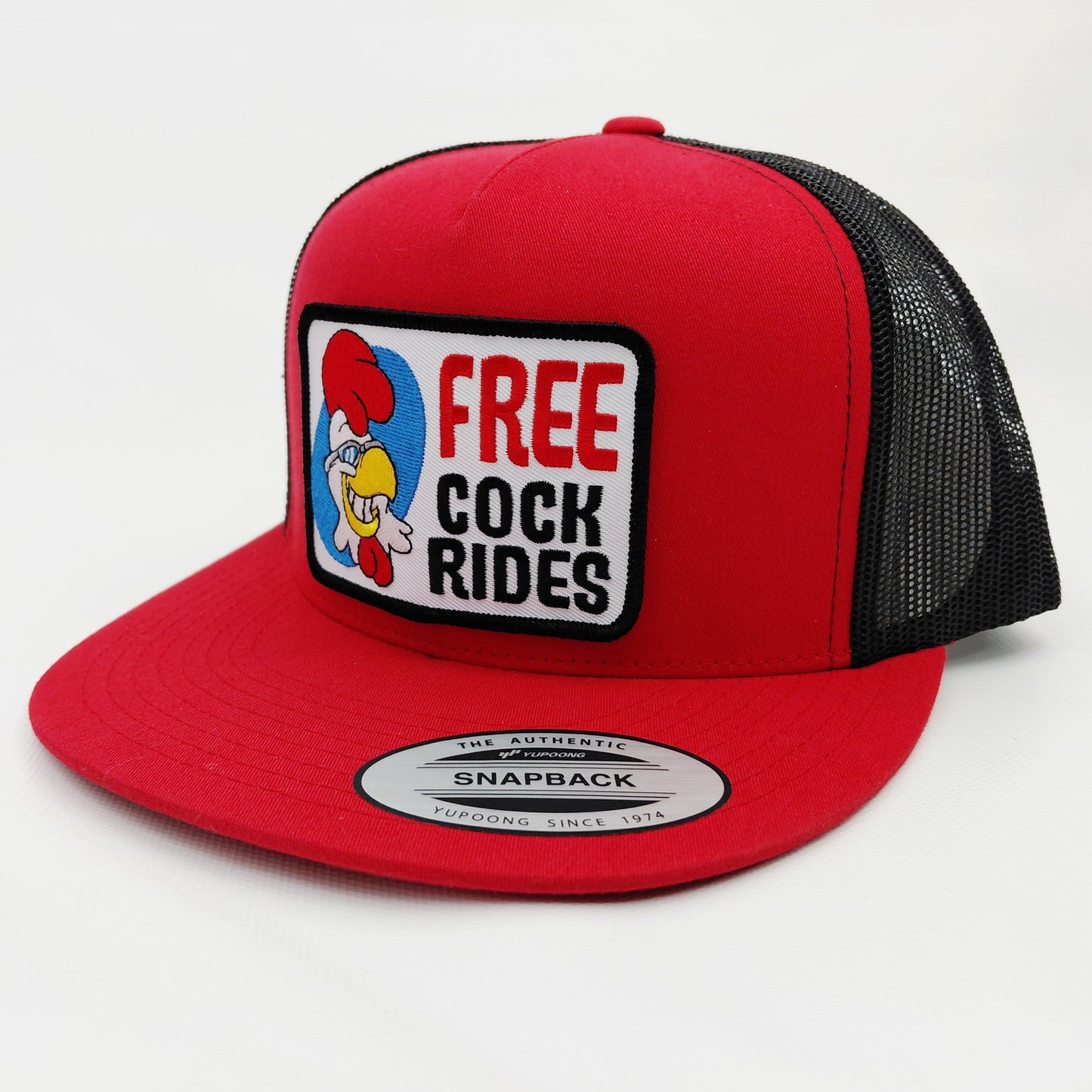 Free Chicken Rides Red Snapback Hat with Cartoon Patch