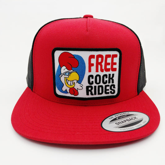 Free Chicken Rides Red Snapback Hat with Cartoon Patch