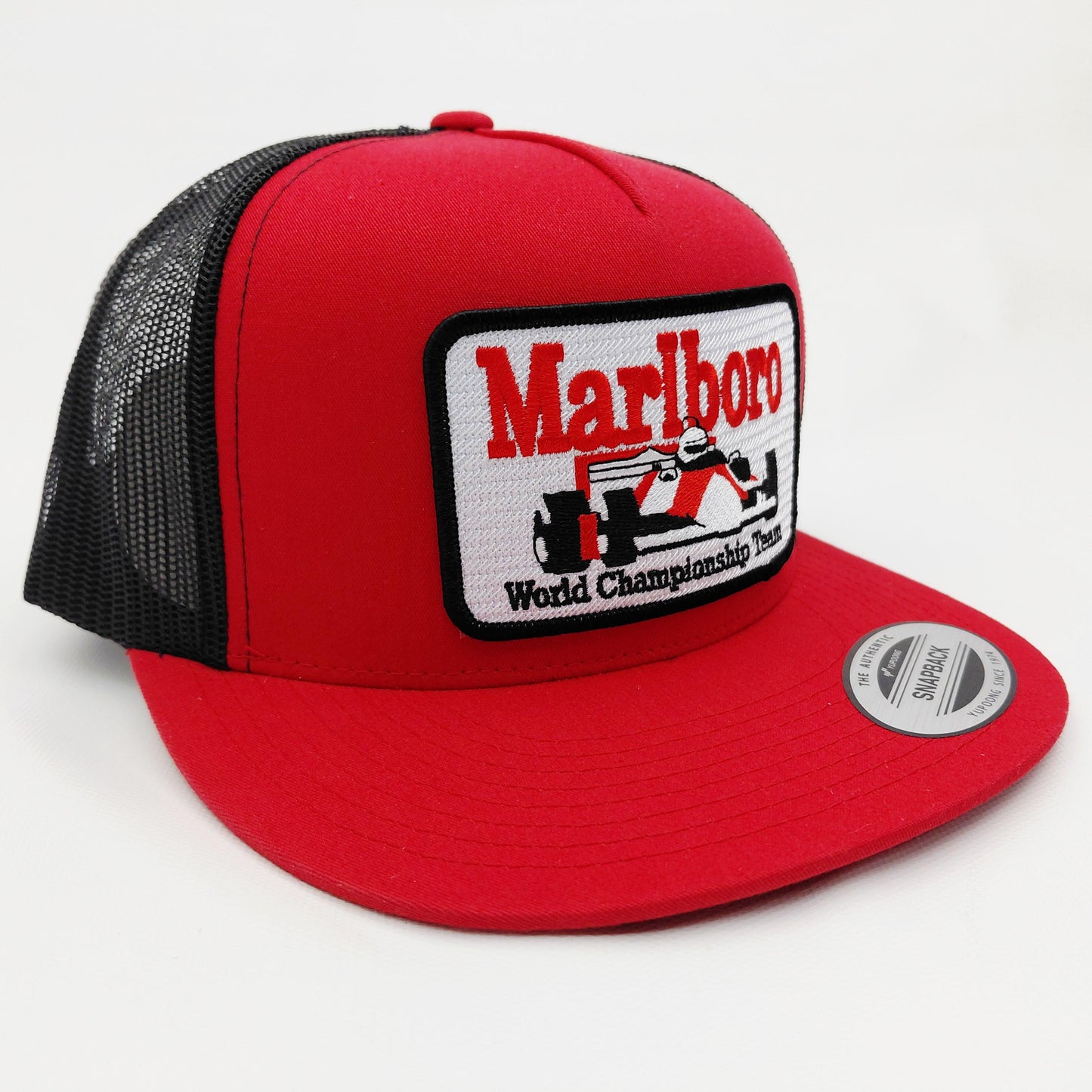 Marlboro Racing Embroidered Patch Flat Bill Trucker Mesh Snapback Cap Hat