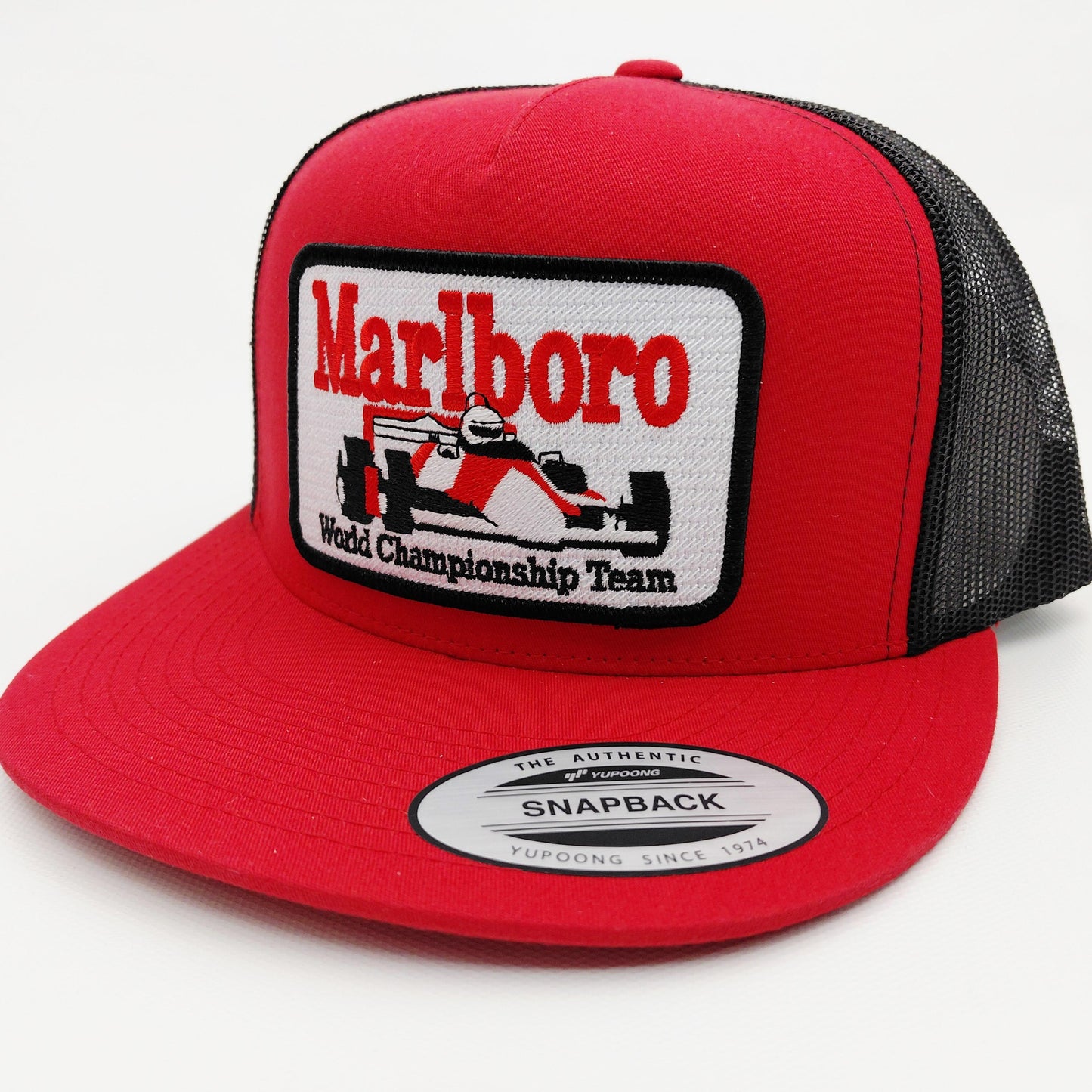 Marlboro Racing Embroidered Patch Flat Bill Trucker Mesh Snapback Cap Hat