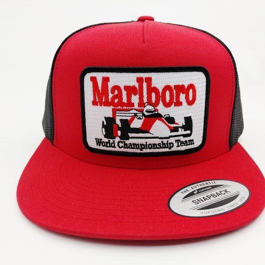 Marlboro Racing Embroidered Patch Flat Bill Trucker Mesh Snapback Cap Hat