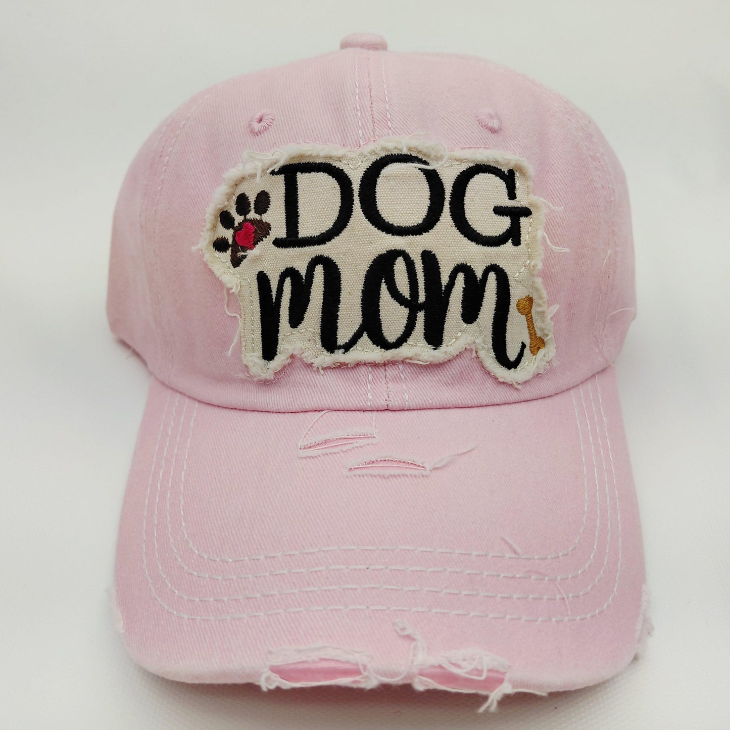 Dog Mom Distressed Adjustable Embroidered Hat Ragged Patch Cap