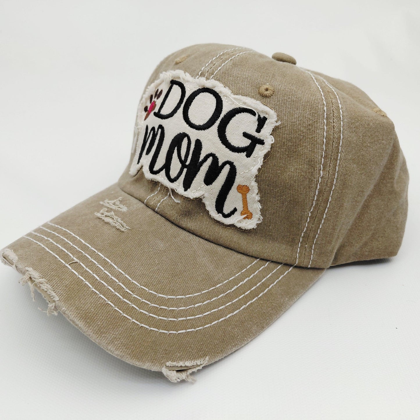 Dog Mom Distressed Adjustable Embroidered Hat Ragged Patch Cap