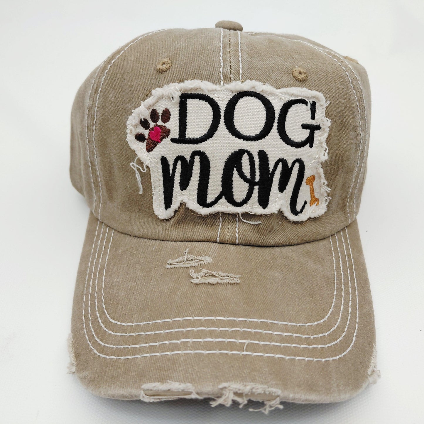 Dog Mom Distressed Adjustable Embroidered Hat Ragged Patch Cap