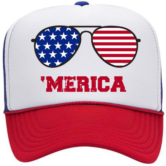 'MERICA American Flag Sunglasses 4th of July Foam Mesh Trucker Snapback Hat Cap Red, White and Blue