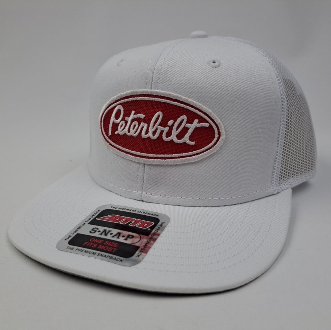 Peterbilt Embroudered Patch Flat Bill Trucker Mesh Snapback Hat Cap White