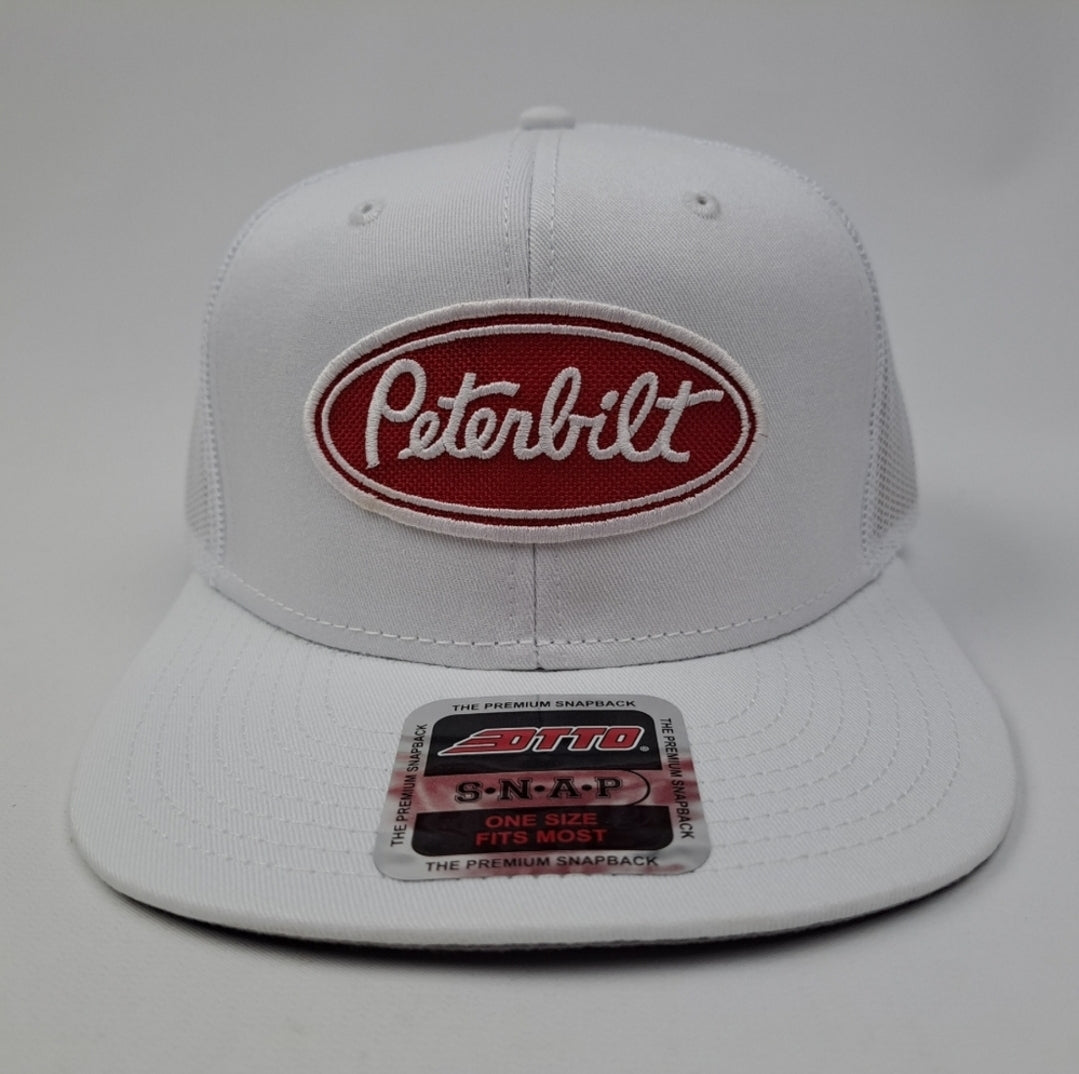 Peterbilt Embroudered Patch Flat Bill Trucker Mesh Snapback Hat Cap White