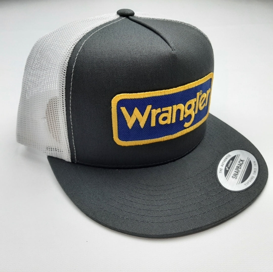 Wrangler Patch Embroidered Vintage Patch Trucker Mesh Snapback Cap Hat Gray