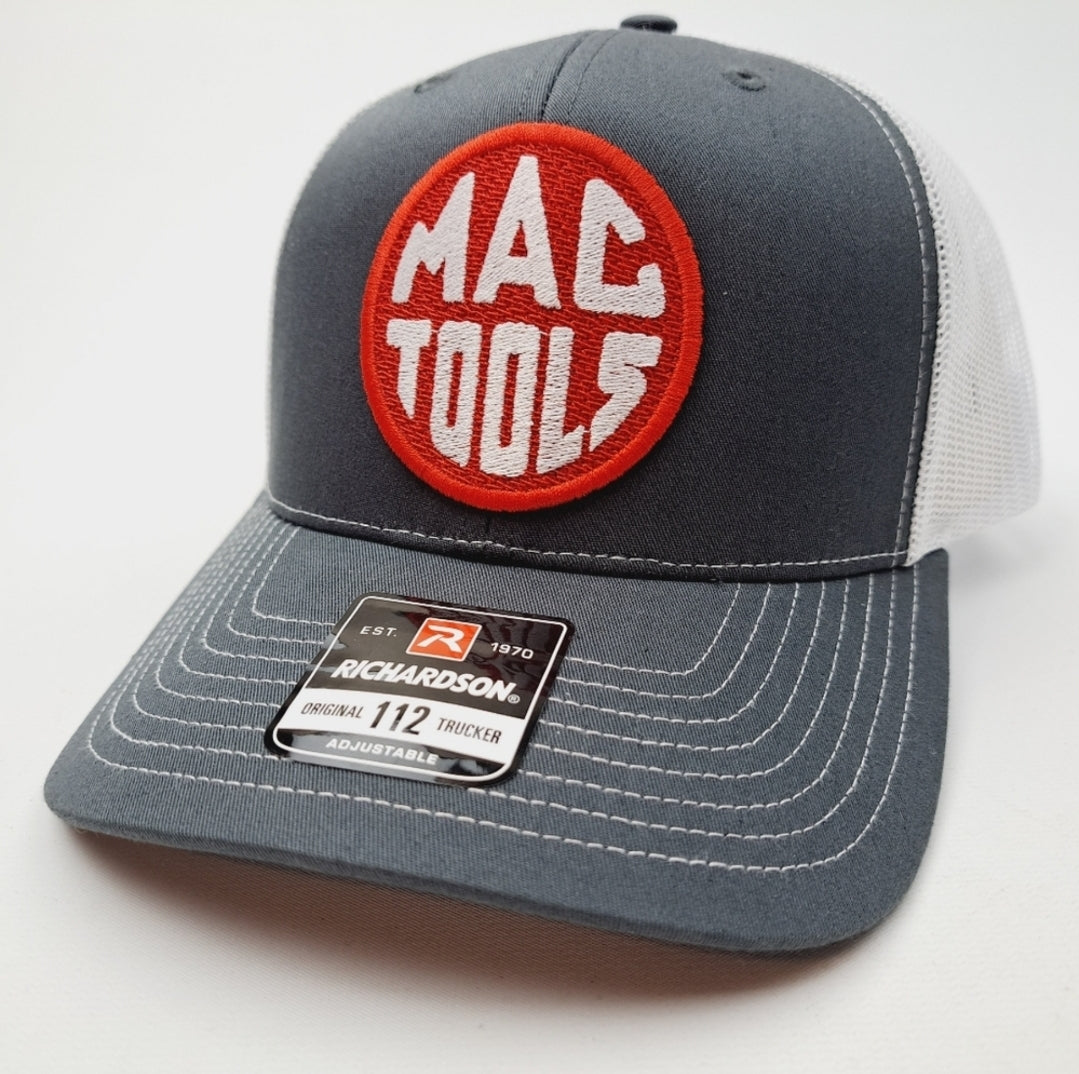 Mac Tools Trucker Mesh Snapback Cap Hat Curved Brim Embroidered Patch Gray & white