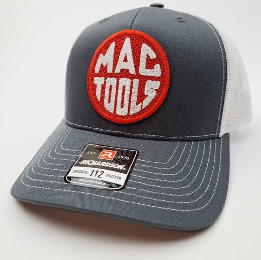 Mac Tools Richardson 112 Trucker Mesh Snapback Cap Hat Curved Brim Embroidered Patch Gray & white