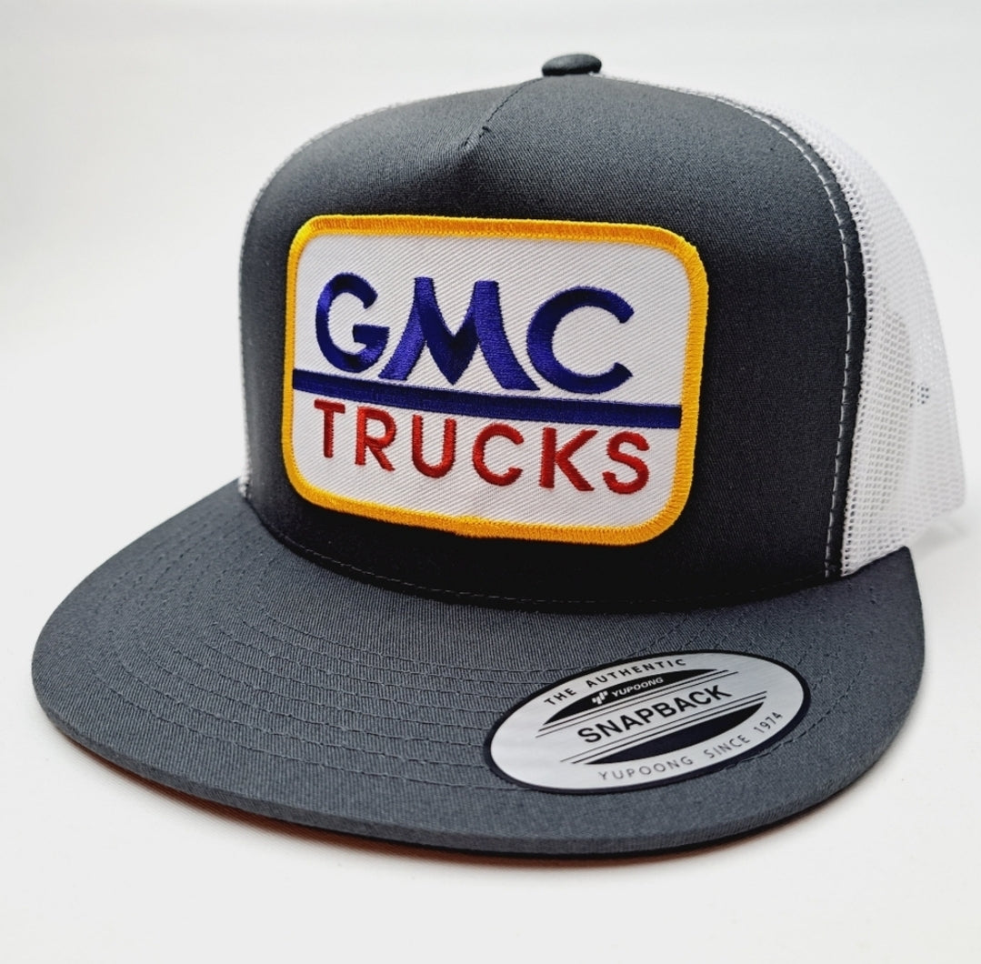 GMC Trucks Embroidered Patch Flat Bill Snapback Mesh Hat Cap Yupoong Gray & White