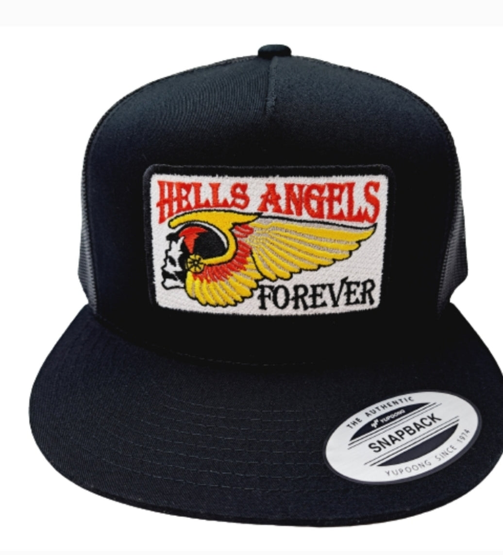 Hells Angels Forever Embroidered Patch Flat Bill Mesh Snapback Trucker Black