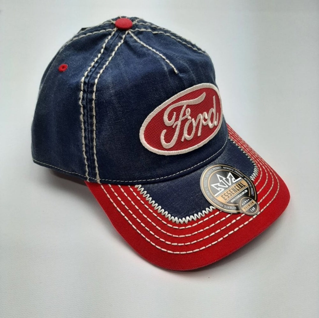 Ford Trucker Strapback Cap Hat Blue & Red Thick Stitch