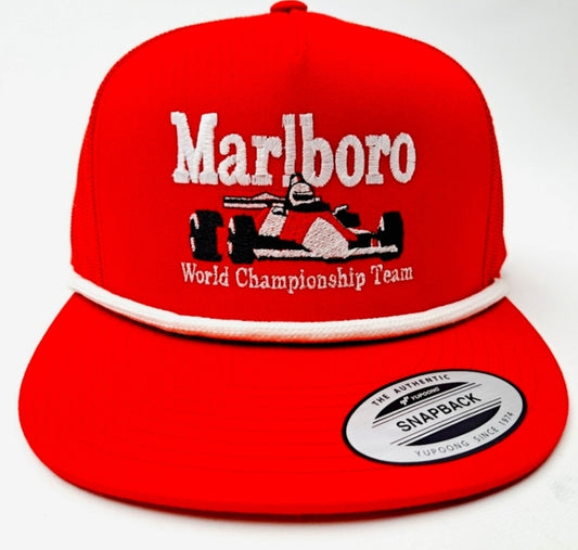 Marlboro Formula 1 Racing Embroidered Flat Bill Trucker Mesh Snapback Cap Hat Red