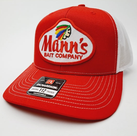 Mann's Bait Company Patch Richardson 112 Trucker Mesh Snapback Cap Hat Red & White