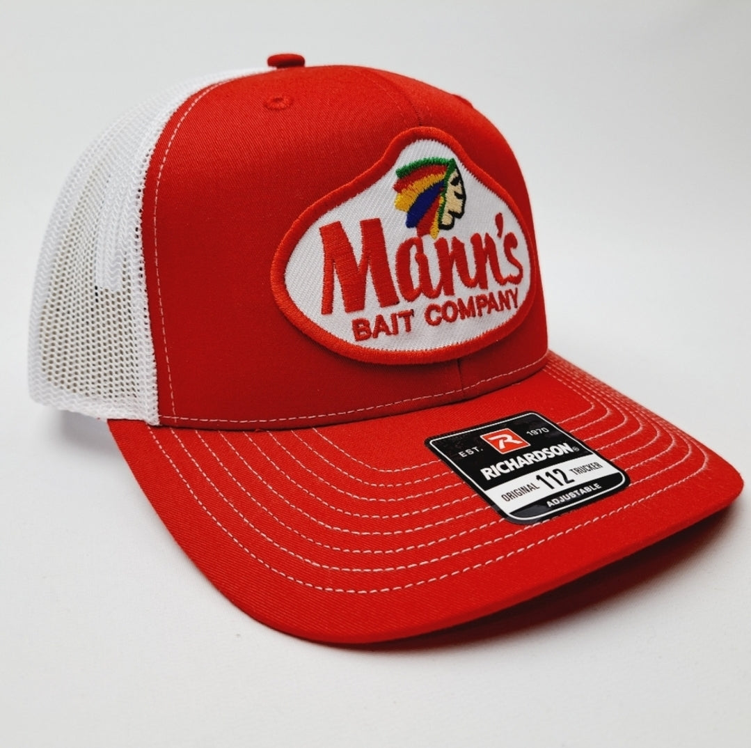Mann's Bait Company Patch Richardson 112 Trucker Mesh Snapback Cap Hat Red & White