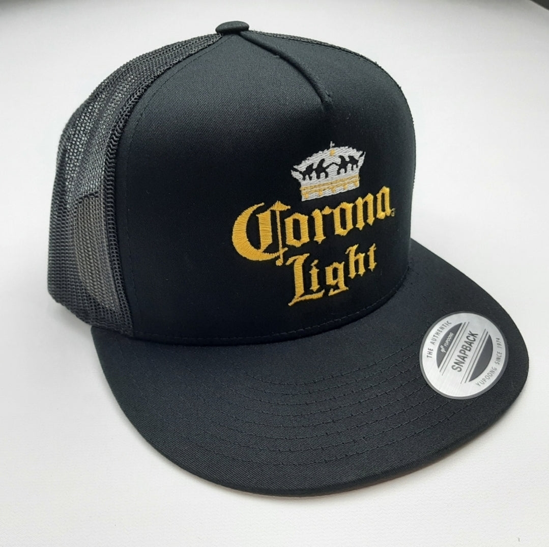 Corona Light Yupoong Flat Bill Trucker Mesh Snapback Cap Hat Navy Blue Direct Embroidered