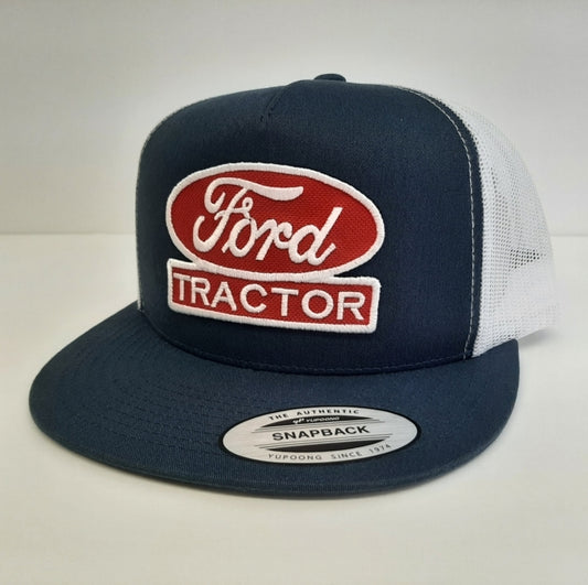 Ford Tractor Embroidered Patch Flat Bill Snapback Mesh Hat Cap Blue & White Yupoong