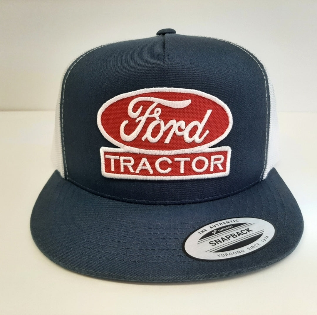 Ford Tractor Embroidered Patch Flat Bill Snapback Mesh Hat Cap Blue & White Yupoong