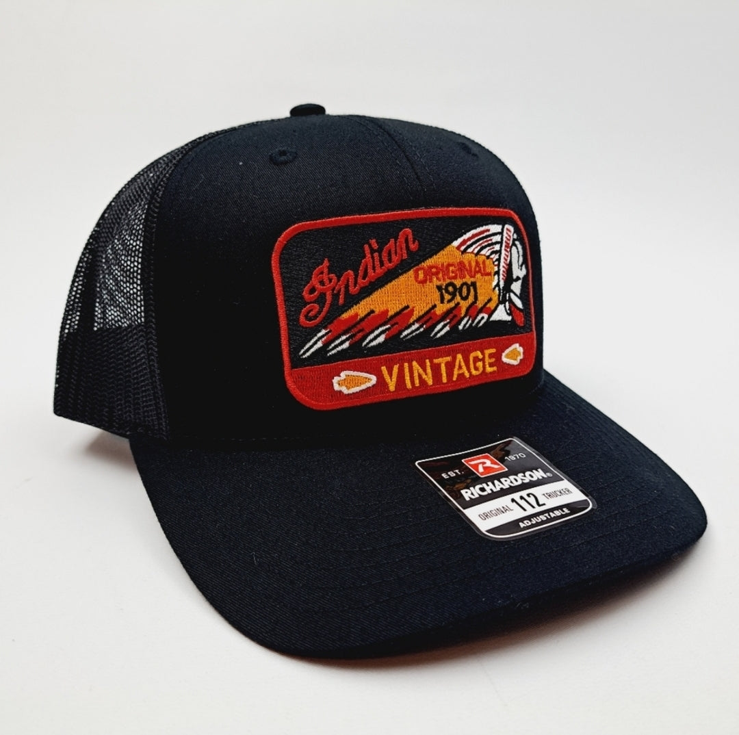 Indian Motorcycles Embroidered Patch Richardson 112 Curved Bill Trucker Mesh Snapback Cap Hat Black Size XL