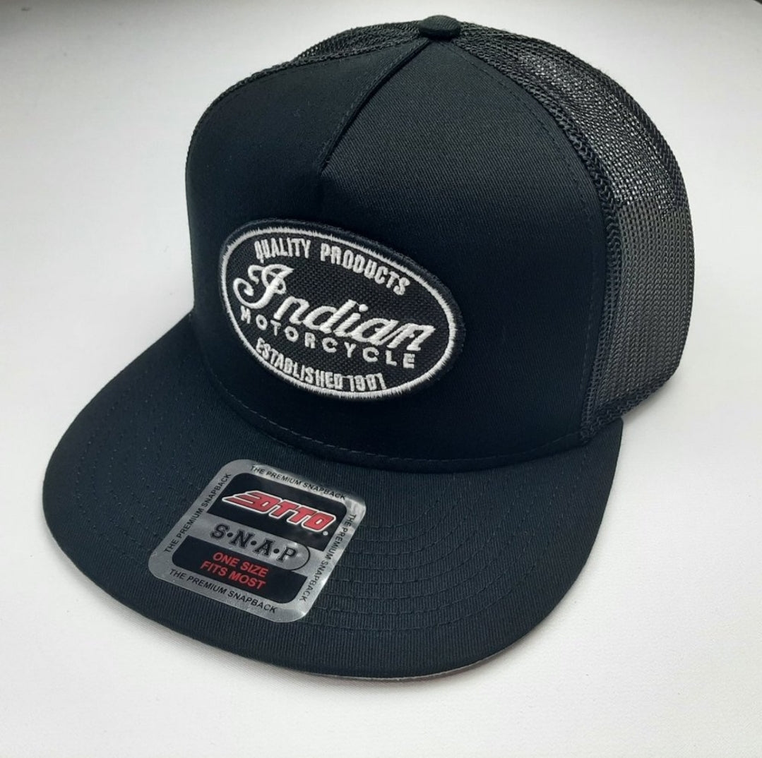 Indian Motorcycle Embroidered Patch Flat Bill Cap Hat Mesh Snapback Black