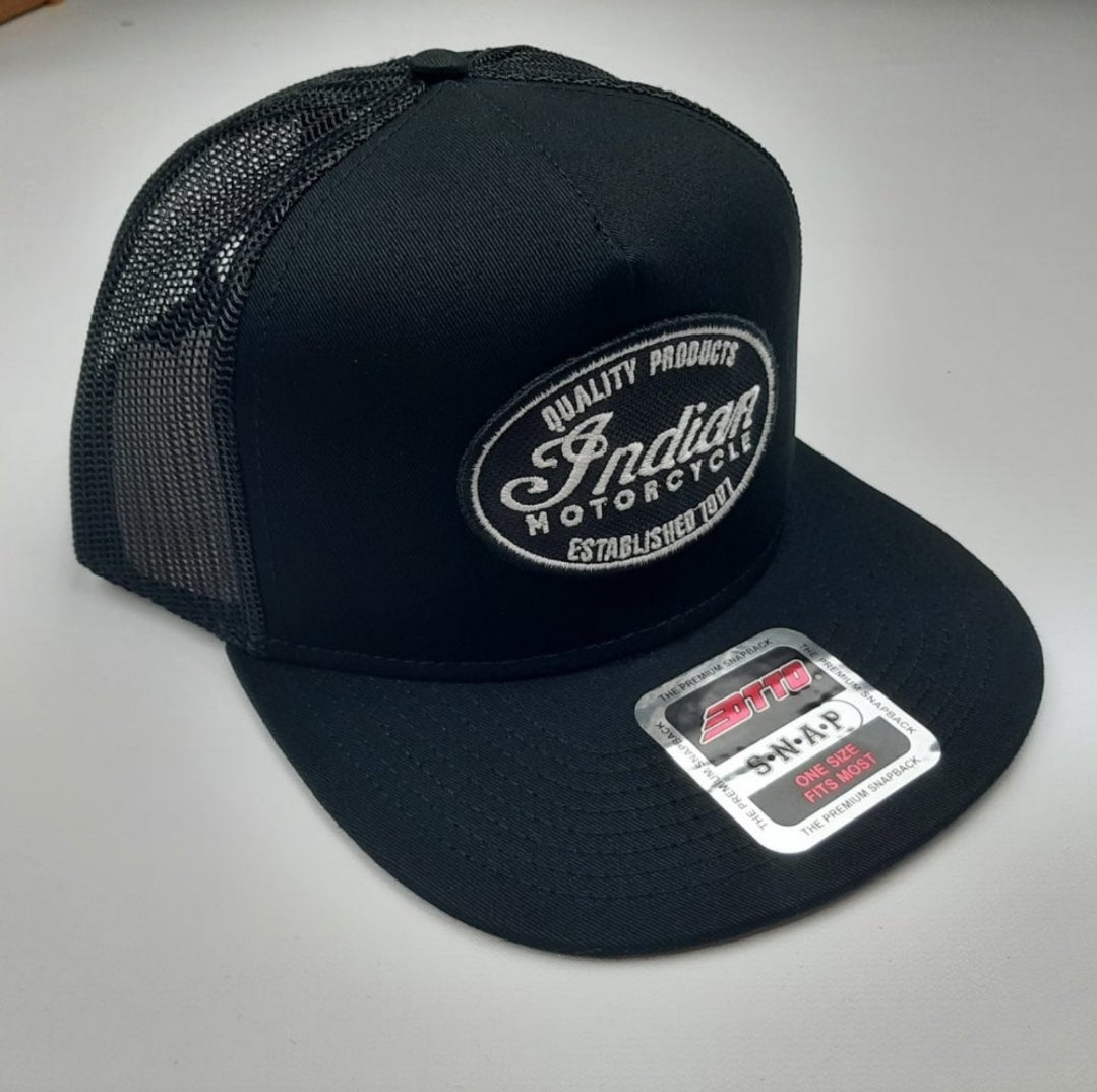 Indian Motorcycle Embroidered Patch Flat Bill Cap Hat Mesh Snapback Black