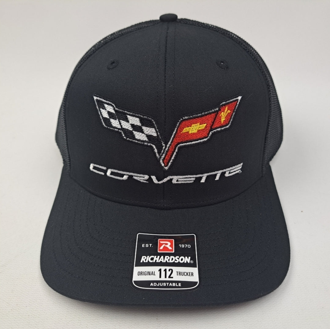 Corvette Richardson 112 Trucker Mesh Snapback Cap Hat Black & White