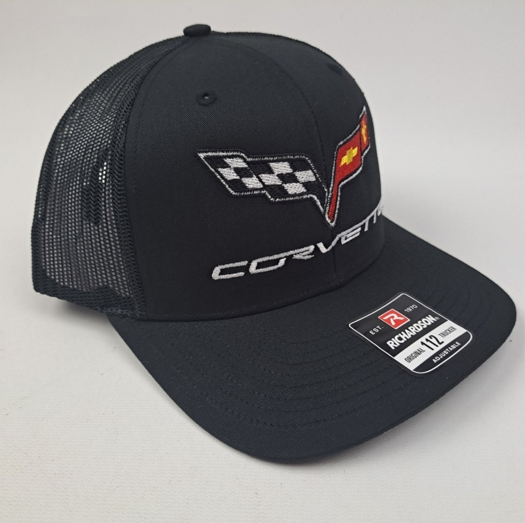 Corvette Richardson 112 Trucker Mesh Snapback Cap Hat Black & White
