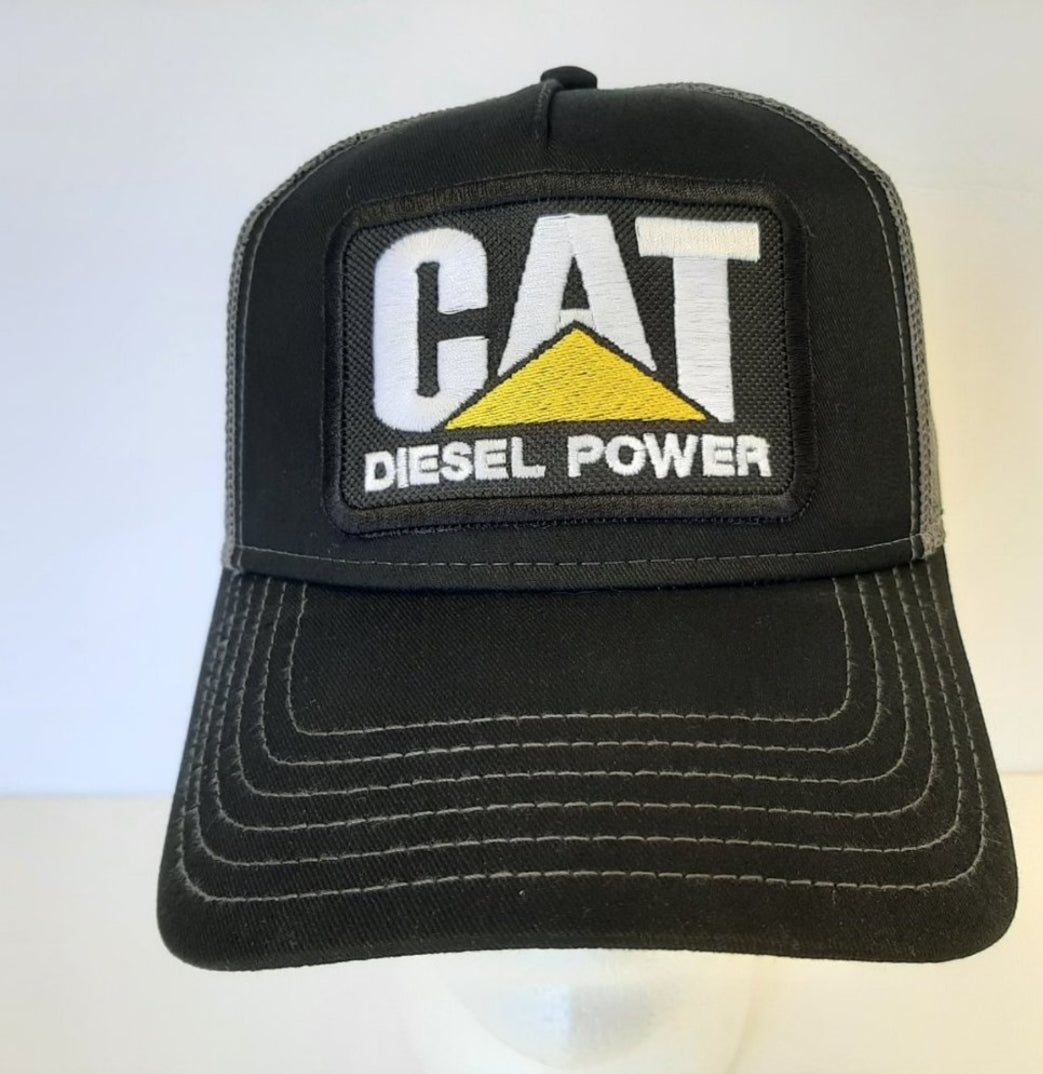 Cat Diesel Power Hat Embroidered Patch Gray Mesh Snapback Low Profile Cap Black & Gray