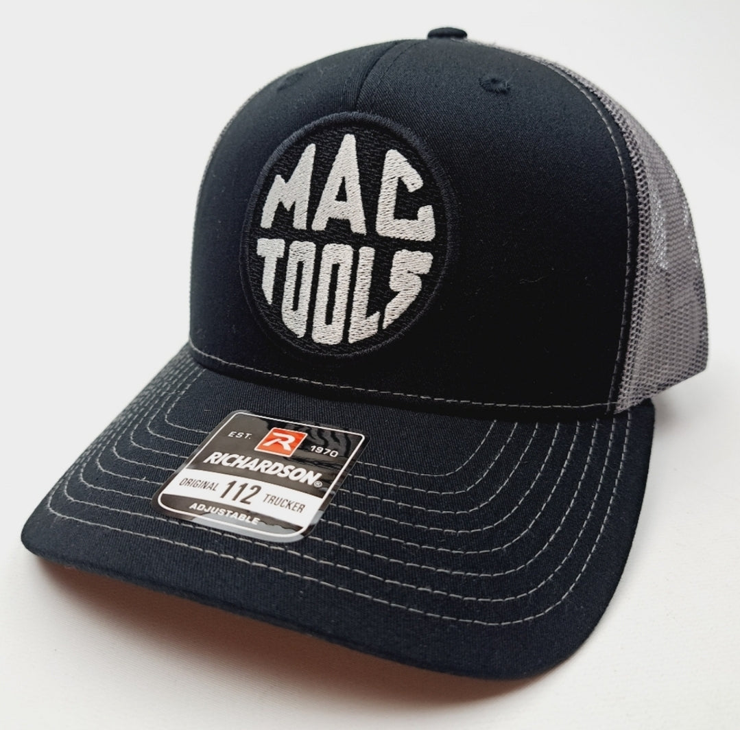 Mac Tools Trucker Mesh Snapback Cap Hat Curved Brim Embroidered Patch Cotton front panel polyester mesh panels Black
