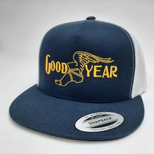 Good Year Tires Flat Bill Hat Cap Trucker Mesh Snapback BLue & White