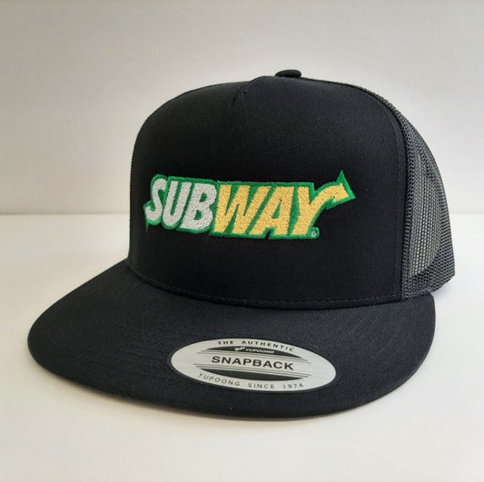 Subway Embroidered Flat Bill Trucker Mesh Snapback Cap Black