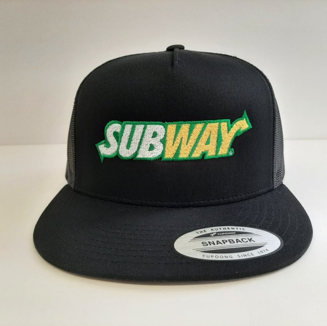 Subway Embroidered Flat Bill Trucker Mesh Snapback Cap Black