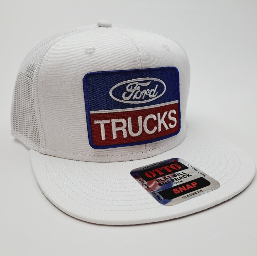 Ford Trucks Embroidered Patch Flat Bill Snapback Mesh Hat Cap OTTO White