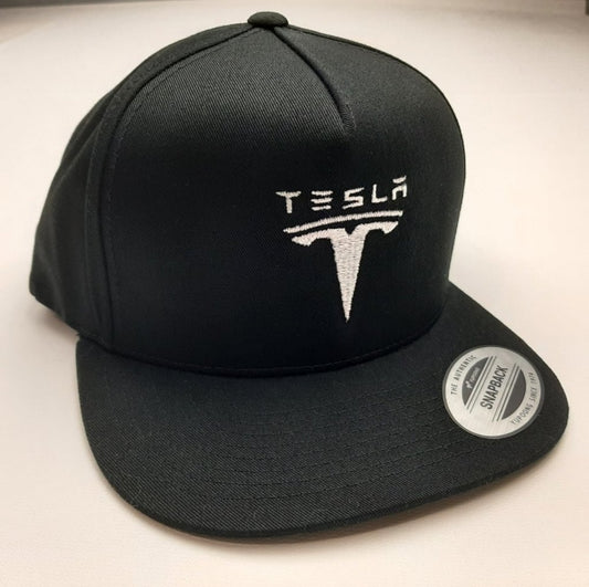 Tesla Embroidered Flat Bill Trucker Snapback Black